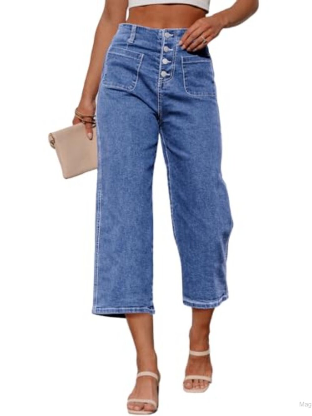 Wide Leg Capri High Waist Jeans Stretchy Cropped Denim 5 Pocket Casual